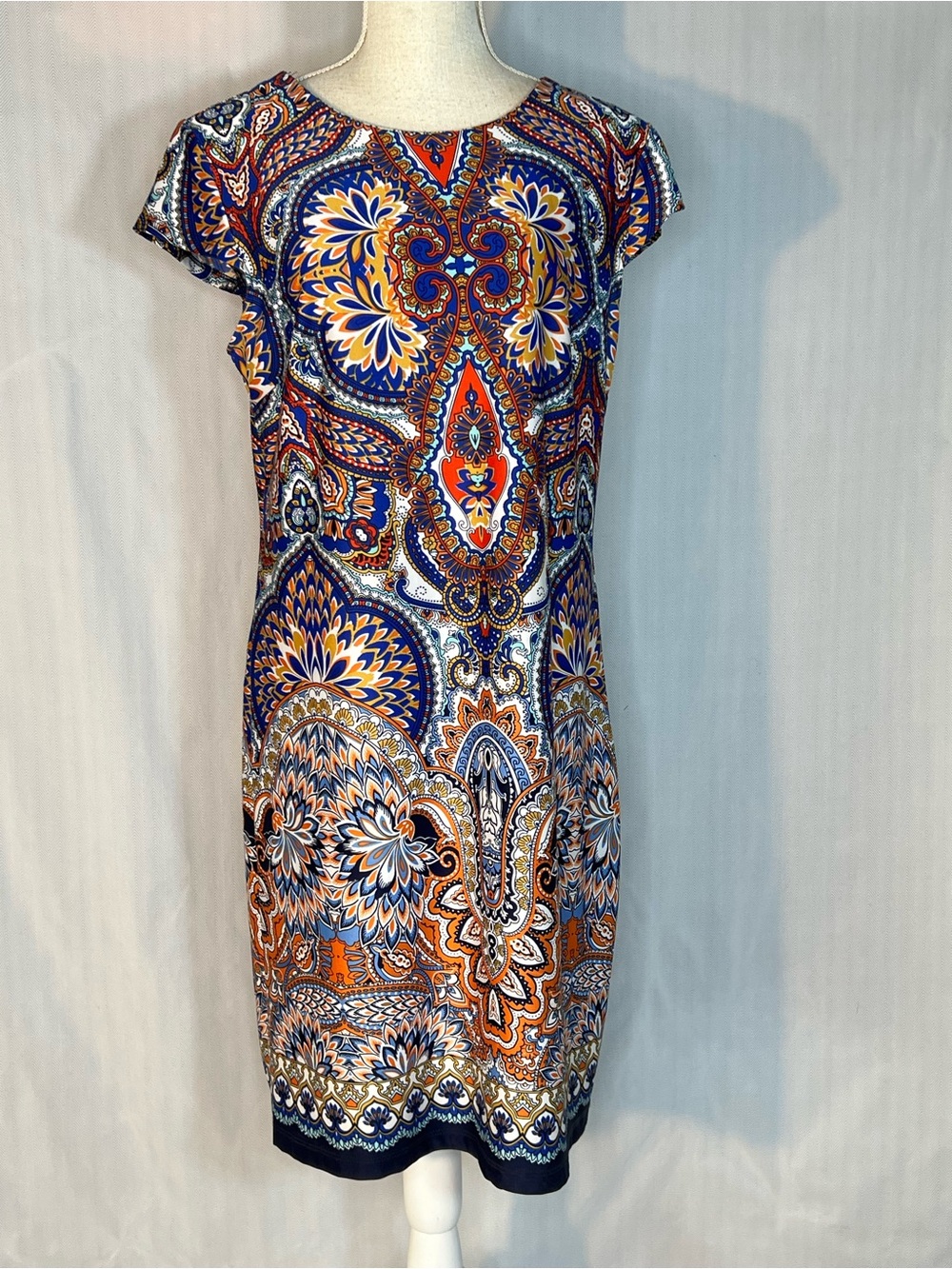 R & M Dress Multicolor Floral Paisley Shift Cap Sleeves Knee Length Jersey L 👍